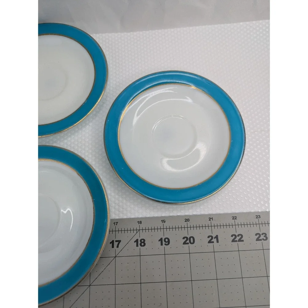 Pyrex Teal Blue Gold Stripe Plate Saucer 6.25 Inch Lot‎ of 5